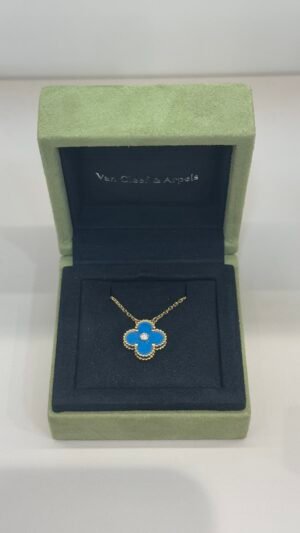 Pre-Owned/ Preloved/ Second Hand Van Cleef & Arpels (VCA) 2018 Holiday Pendant, Necklace in Blue Stone, Gold Color, Vintage Size, Front View