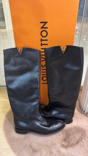 Pre-Owned/ Preloved/ Second Hand Louis Vuitton (LV) LV High Long Leather Boots With Logo, Others in Black, Gold Hardware Color, 41 Size, Front View