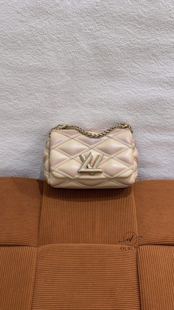 Pre-Owned/ Pre-Loved/ Second-Hand Louis Vuitton (LV) Pico Go 14 Mini LV Twist , Bag in Beige & Purple, Gold Hardware Color, 15 x 10 x 6.5 cm Size, Front View