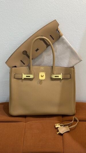 Pre-Owned/ Preloved/ Second Hand Hermes Birkin 30 Three In One 3-en-1 Togo, Bag in Biscuit, Gold Hardware Color, 30 Size, Front View