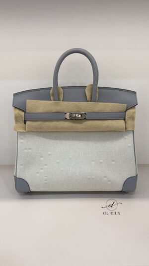 Pre-Owned/ Pre-Loved/ Second-Hand Hermes Birkin 25 Canvas Swift (K stamp), Bag in Gris Patin, Palladium Hardware Color, 25 Size, Front View