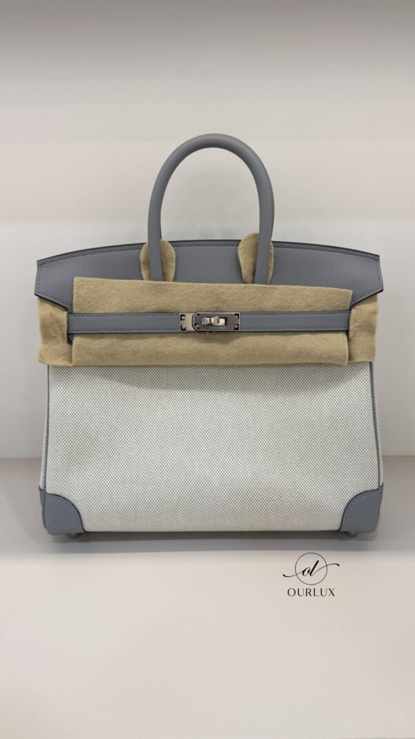 Pre-Owned/ Pre-Loved/ Second-Hand Hermes Birkin 25 Canvas Swift (K stamp), Bag in Gris Patin, Palladium Hardware Color, 25 Size, Front View