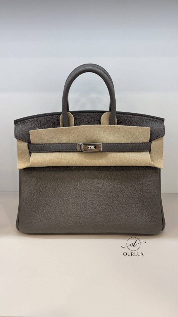 Pre-Owned/ Pre-Loved/ Second-Hand Hermes Birkin 25 Togo, Bag in Etain, Palladium Hardware Color, 25 Size, Front View