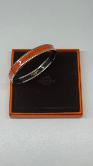 Pre-Owned/ Preloved/ Second Hand Hermes Uni Bangle, Bracelet in Orange, Palladium (Silver) Hardware Color, 65 (20.4cm Circumference) Size, Front View