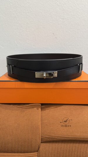 Pre-Owned/ Pre-Loved/ Second-Hand Hermes Wide Kelly Belt (Waist Belt) Swift Leather, Others in Black, Silver Hardware Color, 80 Size, Front View