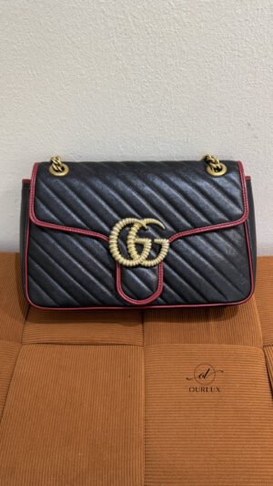 Pre-Owned/ Pre-Loved/ Second-Hand Gucci Marmont Large, Bag in Black, Red Trim, Gold Hardware Color, 30 X 18 X 7 cm Size, Front View