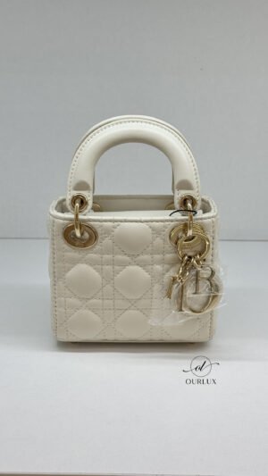 Pre-Owned/ Pre-Loved/ Second-Hand Dior Micro Lady Dior , Bag in White, Gold Hardware Color, 12 x 11 x 5 cm  Size, Front View