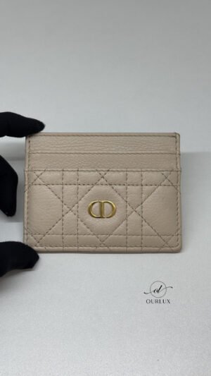 Pre-Owned/ Pre-Loved/ Second-Hand Dior Dior Caro Freesia Card Holder, Wallet in Beige, Gold Hardware Color, 10.5 x 8 x 0.5 cm Size, Front View