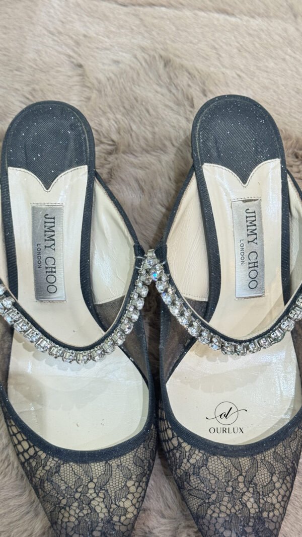 Jimmy Choo | Bing 65 Black Lace Mules with Crystal Strap