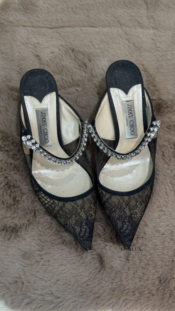Pre-Owned/ Pre-Loved/ Second-Hand Jimmy Choo Bing 65 Black Lace Mules with Crystal Strap, Shoe in Black Color, 40 Size, Front View