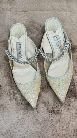 Pre-Owned/ Pre-Loved/ Second-Hand Jimmy Choo Bing 65 White Lace Mules With Crystal Straps, Shoe in White Color, 39.5 Size, Front View