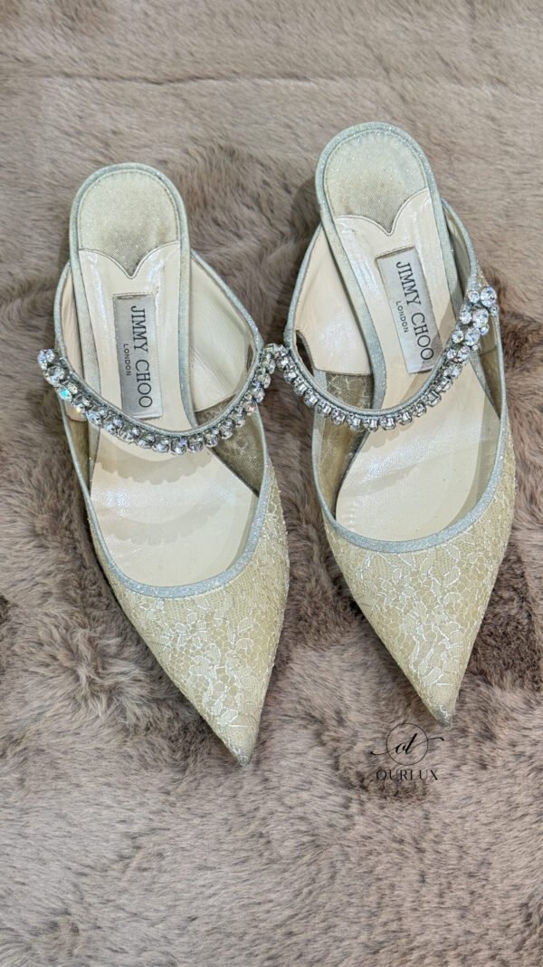 Pre-Owned/ Pre-Loved/ Second-Hand Jimmy Choo Bing 65 White Lace Mules With Crystal Straps, Shoe in White Color, 39.5 Size, Front View