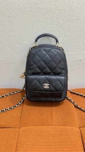 Pre-Owned/ Pre-Loved/ Second-Hand Chanel Mini BackPack Cavair, Bag in Black, Light Gold Hardware Color, Mini Size, Front View