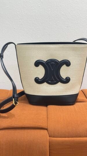 Pre-Owned/ Pre-Loved/ Second-Hand Celine Triomphe Bucket Bag Canvas, Bag in Black, Beige Color, 17 X 22 X 10 CM Size, Front View