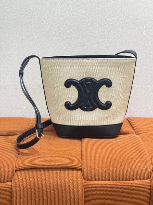 Pre-Owned/ Pre-Loved/ Second-Hand Celine Triomphe Bucket Bag Canvas, Bag in Black, Beige Color, 17 X 22 X 10 CM Size, Front View