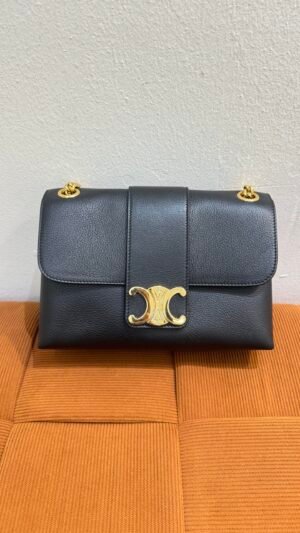 Pre-Owned/ Pre-Loved/ Second-Hand Celine Medium Victorie Bag (Calf Skin), Bag in Black, Gold Hardware Color, 25 x 15 x 8 cm Size, Front View