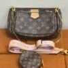 Pre-Owned/ Pre-Loved/ Second-Hand Louis Vuitton (LV) Multi Pochette Accessoires (Pink Strap), Bag in Brown, Pink Strap Color, 24 x 13.5 x 4 cm Size, Front View