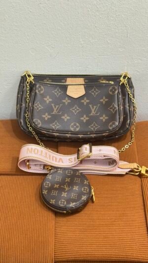 Pre-Owned/ Pre-Loved/ Second-Hand Louis Vuitton (LV) Multi Pochette Accessoires (Pink Strap), Bag in Brown, Pink Strap Color, 24 x 13.5 x 4 cm Size, Front View