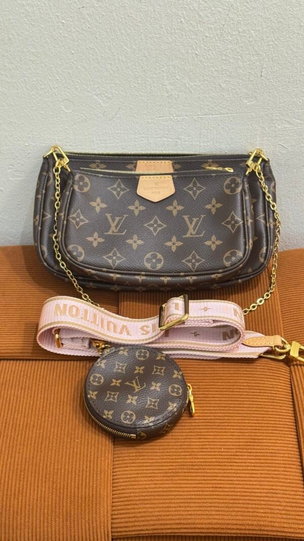 Pre-Owned/ Pre-Loved/ Second-Hand Louis Vuitton (LV) Multi Pochette Accessoires (Pink Strap), Bag in Brown, Pink Strap Color, 24 x 13.5 x 4 cm Size, Front View