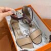 Pre-Owned/ Pre-Loved/ Second-Hand Hermes Kelly Strappy Heels, Shoe in Beige, Silver Hardware Color, 36.5 Size, Front View