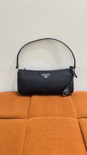 Pre-Owned/ Pre-Loved/ Second-Hand Prada 2005 Re-Edition Top Handle Shoulder Bag Nylon, Bag in Black, Silver Hardware Color, 24 x 11 x 6 CM Size, Front View