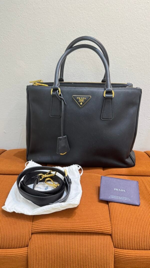 Pre-Owned/ Pre-Loved/ Second-Hand Prada Galleria Top Handle Tote Saffiano Leather, Bag in Black, Gold Hardware Color, 32 x 23 x 14cm Size, Front View