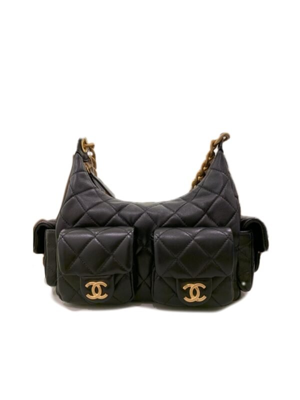 Pre-Owned/ Pre-Loved/ Second-Hand Chanel 25C Hobo Large, Bag in Black, Gold Hardware Color, 22 x 31 x 15cm (Large) Size, Front View
