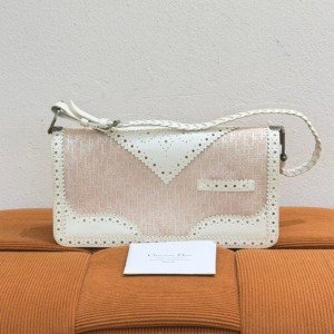 B202513465-Dior-Vintage-Trotter-Oblique-Print-Shoulder-Bag Pre-Owned/ Pre-Loved/ Second-Hand Dior Vintage Trotter Oblique Print Shoulder Bag, Bag in Pink, White Color, 26 x 13 x 6 cm Size, Front View