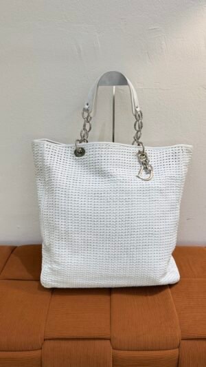 Pre-Owned/ Pre-Loved/ Second-Hand Dior Leather Tote, Bag in White, Silver Hardware Color, 38 x 41 x 11 cm Size, Front View