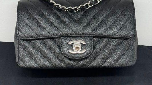 Pre-Owned/ Pre-Loved/ Second-Hand Chanel Chevron Mini Rectangle Classic Flap, Bag in Black Color, Mini Size, Front View