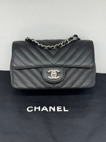 Pre-Owned/ Pre-Loved/ Second-Hand Chanel Chevron Mini Rectangle Classic Flap, Bag in Black Color, Mini Size, Front View