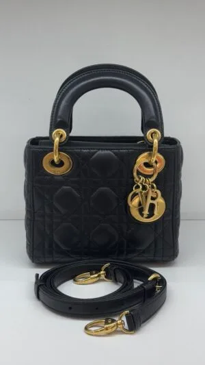 Pre-Owned/ Pre-Loved/ Second-Hand Dior Lady Dior Mini, Bag in Black, Gold Hardware Color, Mini Size, Front View