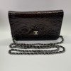 Pre-Owned/ Pre-Loved/ Second-Hand Chanel Camellia Wallet On Chain, Bag in Black (Patent leather slightly discoloured to brown), Silver Hardware Color, 20 x 12.5 x 3.5 cm Size, Front View