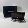 Pre-Owned/ Pre-Loved/ Second-Hand Chanel Camellia Wallet On Chain, Bag in Black (Patent leather slightly discoloured to brown), Silver Hardware Color, 20 x 12.5 x 3.5 cm Size, Front View
