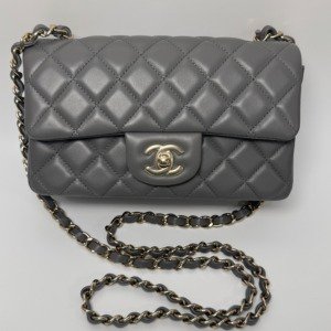 Pre-Owned/ Pre-Loved/ Second-Hand Chanel Mini Rectangle, Bag in Grey, Light Gold Hardware Color, Mini Size, Front View
