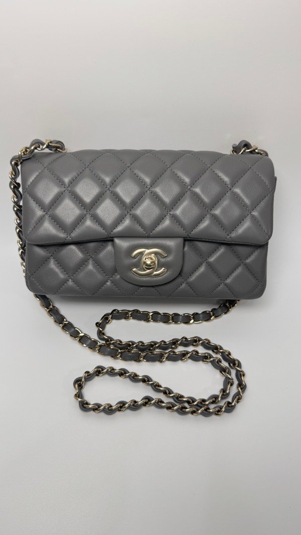 Pre-Owned/ Pre-Loved/ Second-Hand Chanel Mini Rectangle, Bag in Grey, Light Gold Hardware Color, Mini Size, Front View