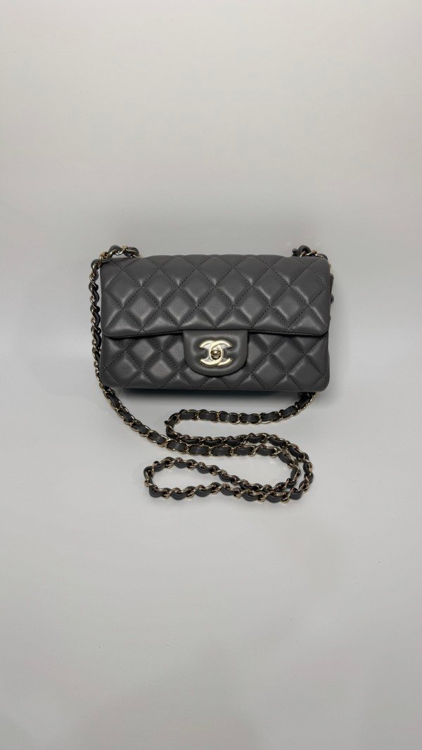 Pre-Owned/ Pre-Loved/ Second-Hand Chanel Mini Rectangle, Bag in Grey, Light Gold Hardware Color, Mini Size, Front View