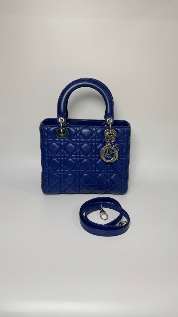 b202513512-dior-medium-lady-dior-lambskin Pre-Owned/ Pre-Loved/ Second-Hand Dior Medium Lady Dior Lambskin, Bag in Blue, Silver Hardware Color, Medium Size, Front View