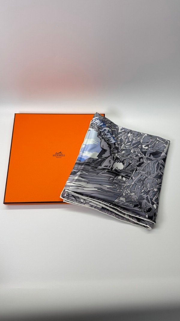 c202406156-hermes-la-vallee-de-crystal-silk-scarf Pre-Owned/ Pre-Loved/ Second-Hand Hermes La Vallee De Crystal Silk Scarf, Others in Grey Color, 90X90cm Size, Front View