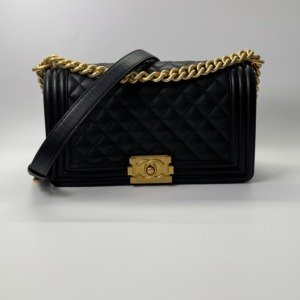 c202501505-chanel-old-medium-boy-caviar Pre-Owned/ Pre-Loved/ Second-Hand Chanel Old Medium Boy Caviar, Bag in Black, Gold Hardware Color, Old Medium Size, Front View