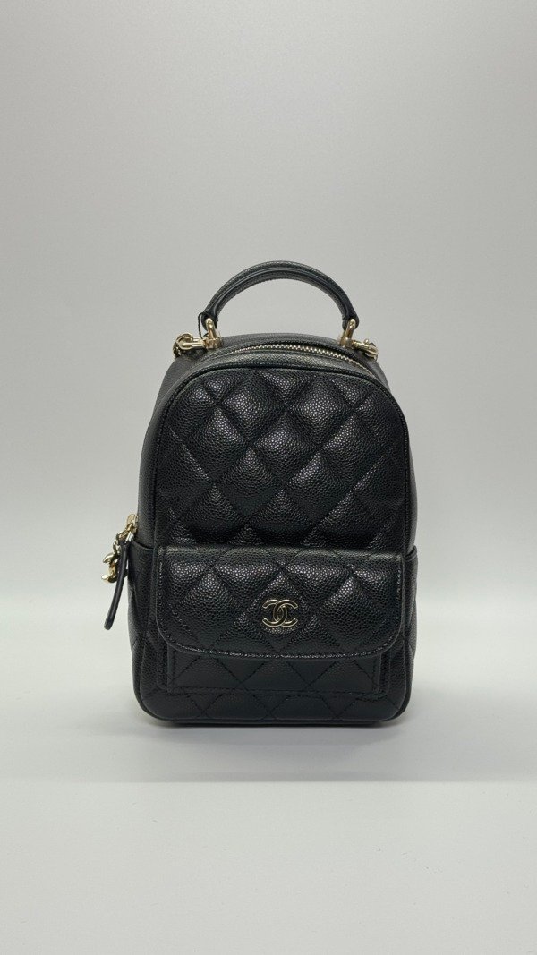 b202501560-chanel-mini-backpack-cavair-8 Pre-Owned/ Pre-Loved/ Second-Hand Chanel Mini Backpack Cavair, Bag in Black, Light Gold Hardware Color, Mini Size, Front View