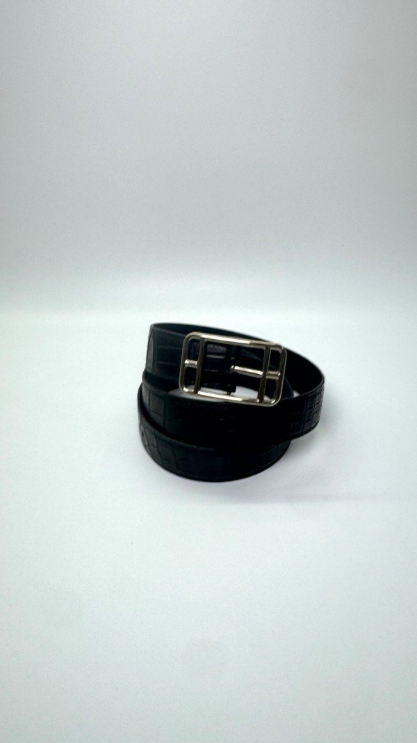 Pre-Owned/ Pre-Loved/ Second-Hand Hermes Crocodile Cape Cod 32 Belt, Others in Black, Silver Hardware Color, 90 Size, Front View