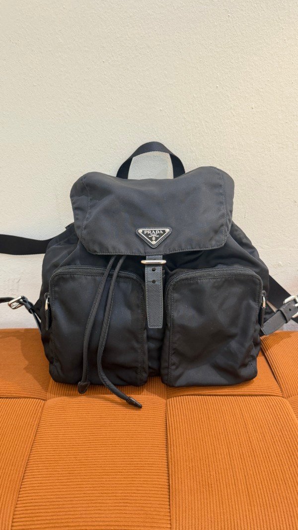 b202509595-prada-nylon-backpack-saffiano-leather-4 Pre-Owned/ Pre-Loved/ Second-Hand Prada Nylon Backpack Saffiano Leather, Bag in Black, Silver Hardware Color, 30 x 30 x 35 cm Size, Front View