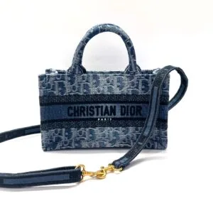 b202513563-dior-mini-book-tote-with-strap Pre-Owned/ Pre-Loved/ Second-Hand Dior Mini Book Tote With Strap, Bag in Denim Blue Color, Mini Size, Front View