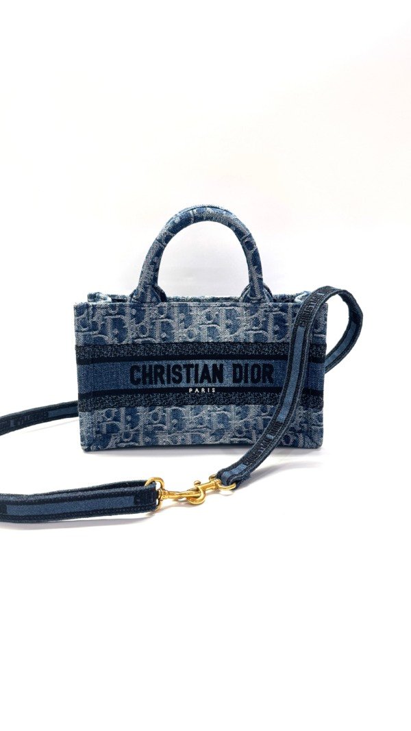 b202513563-dior-mini-book-tote-with-strap Pre-Owned/ Pre-Loved/ Second-Hand Dior Mini Book Tote With Strap, Bag in Denim Blue Color, Mini Size, Front View