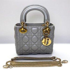 Pre-Owned/ Pre-Loved/ Second-Hand Dior Mini Lady Dior, Bag in Grey, Gold Hardware Color, Mini Size, Front View