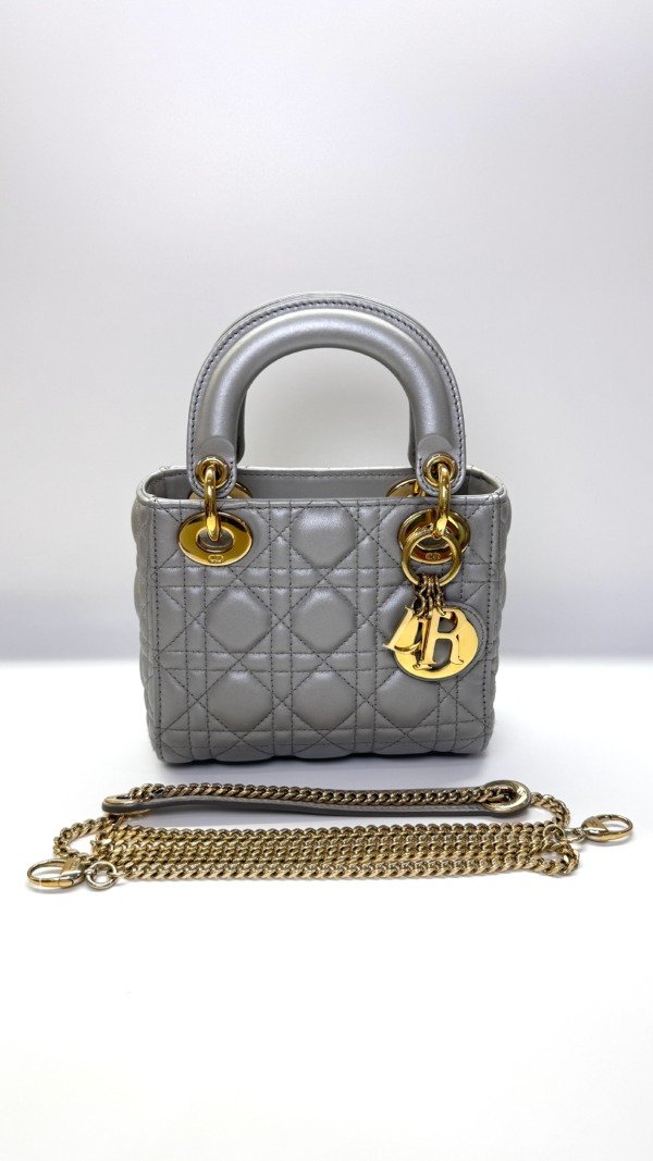 b202513590-dior-mini-lady-dior Pre-Owned/ Pre-Loved/ Second-Hand Dior Mini Lady Dior, Bag in Grey, Gold Hardware Color, Mini Size, Front View
