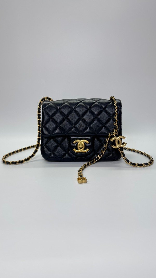 c202501600-chanel-mini-rectangle-cc-adjustable-strap Pre-Owned/ Pre-Loved/ Second-Hand Chanel Mini Square CC Adjustable Strap, Bag in Black, Gold Hardware (Shiny Lambskin) Color, 13 x 18 x 7 cm Size, Front View