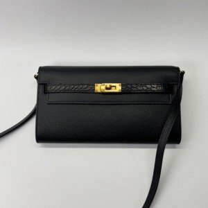 Pre-Owned/ Pre-Loved/ Second-Hand Hermes Kelly To Go (Alligator & Epsom), Bag in Black, Gold Hardware Color,  Size, Front View