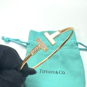 Pre-Owned/ Pre-Loved/ Second-Hand Tiffany & Co. T Wire Diamond & White Mother of Pearl Bracelet, Bracelet in Rose Gold Color, Medium (14.5-16cm) Size, Front View